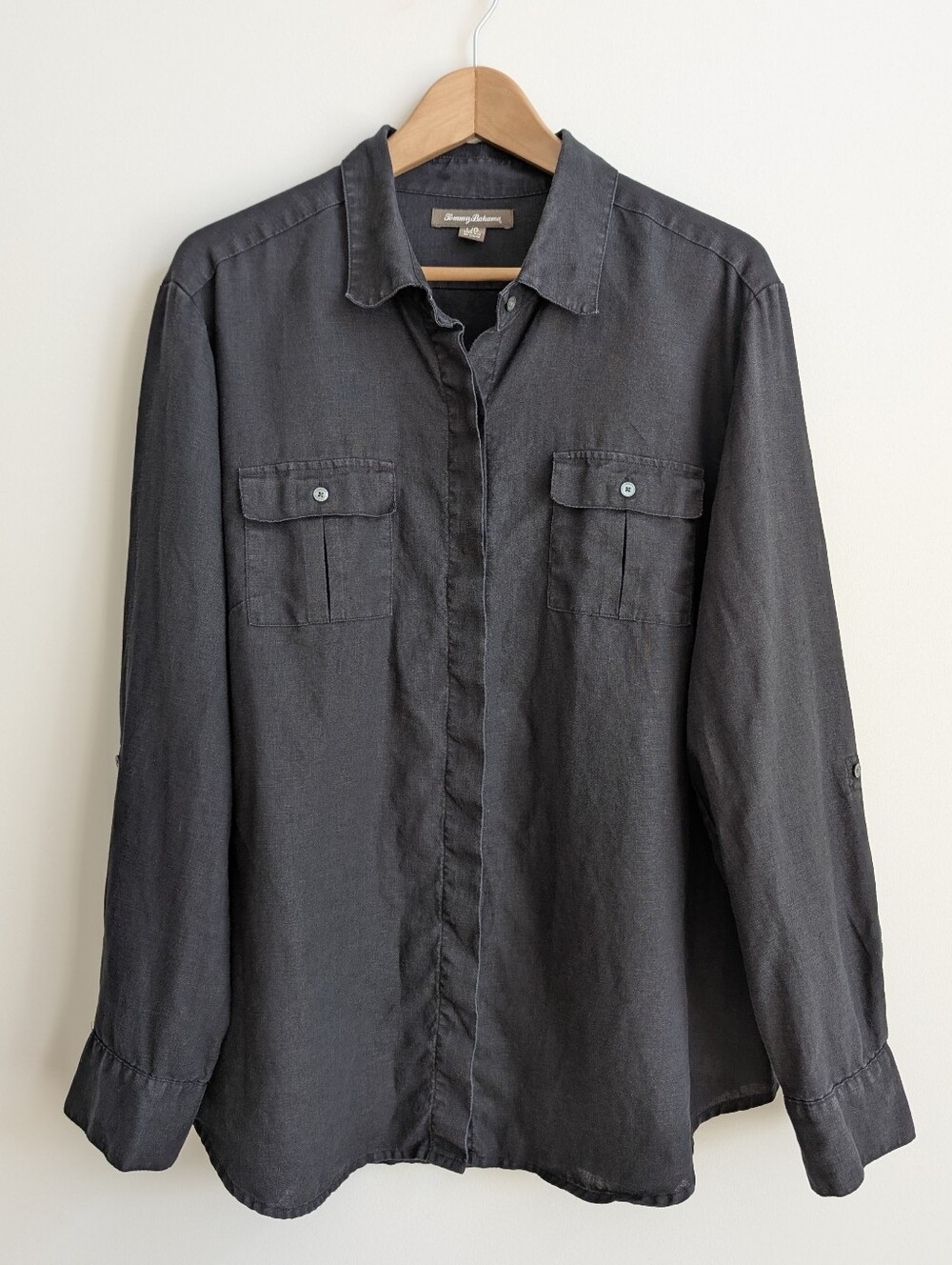Tommy Bahama Women's Large 100% Linen Classic Black Button Down Shirt Top